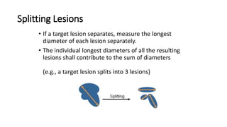 Splitting Lesions
• If a target lesion separates, measure the longest
diameter of each lesion separately.
• The individual longest diameters of all the resulting
lesions shall contribute to the sum of diameters
(e.g., a target lesion splits into 3 lesions)
 
