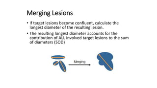 Merging Lesions
• If target lesions become confluent, calculate the
longest diameter of the resulting lesion.
• The resulting longest diameter accounts for the
contribution of ALL involved target lesions to the sum
of diameters (SOD)
 