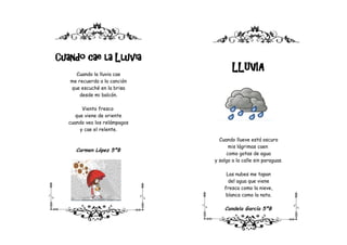 Cuando cae la Lluvia
     Cuando la lluvia cae
                                       LLUVIA
   me recuerda a la canción
   que escuché en la brisa
       desde mi balcón.

         Viento fresco
      que viene de oriente
   cuando veo los relámpagos
        y cae el relente.

                                 Cuando llueve está oscuro
                                      mis lágrimas caen
      Carmen López 5ºB
                                     como gotas de agua
                               y salgo a la calle sin paraguas.

                                    Las nubes me tapan
                                     del agua que viene
                                   fresca como la nieve,
                                    blanca como la nata.

                                   Candela García 5ºB
 