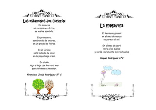 Las estaciones del Corazón
            En invierno
       mi corazón está frío,
                                        La Primavera
        se vuelve sombrío.
                                          El hermoso girasol
                                          en el mes de marzo
           En primavera,
                                           se parece al sol.
       sembrando de amores,
       en un prado de flores.
                                           En el mes de abril
                                            mira a los suelos
            En el verano
                                   y verás claramente los riachuelos
       está bañado de amor
       en la playa bajo el sol.
                                        Raquel Rodríguez 6ºC
              En otoño
    hoja a hoja cae hasta el mar
      para volverse a renovar.

  Francisco Jesús Rodríguez 5º C
 