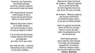 Vosotras, las familiares,
inevitables golosas,
vosotras, moscas vulgares,
me evocáis todas las cosas.
¡Oh viejas moscas voraces
como abejas en abril,
viejas moscas pertinaces
sobre mi calva infantil!
¡Moscas del primer hastío
en el salón familiar,
las claras tardes de estío
en que yo empecé a soñar!
Y en la aborrecida escuela,
raudas moscas divertidas,
perseguidas
por amor de lo que vuela.
-que todo es volar-, sonoras,
rebotando en los cristales
en los días otoñales.......
Moscas de todas las horas,
de siempre... Moscas vulgares,
de mi juventud dorada;
de esta segunda inocencia,
que da en no creer en nada,
de siempre... Moscas vulgares,
que de puro familiares
no tendréis digno cantor:
yo sé que os habéis posado
sobre el juguete encantado,
sobre el librote cerrado,
sobre la carta de amor,
sobre los párpados yertos
de los muertos.
Inevitables golosas,
que ni labráis como abejas,
ni brilláis cual mariposas;
pequeñitas, revoltosas,
vosotras, amigas viejas,
me evocáis todas las cosas.
Antonio Machado
 