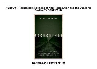 ~EBOOK~ Reckonings: Legacies of Nazi Persecution and the Quest for
Justice TXT,PDF,EPUB
DONWLOAD LAST PAGE !!!!
download pdf here : https://wipwups.blogspot.kr/?book=0198811233 Free Reckonings: Legacies of Nazi Persecution and the Quest for Justice read Online A single word--Auschwitz--is often used to encapsulate the totality of persecution and suffering involved in what we call the Holocaust. Yet a focus on a single concentration camp--however horrific what happened there, however massively catastrophic its scale--leaves an incomplete story, a truncated history. It cannot fully communicate the myriad ways in which individuals became tangled up on the side of the perpetrators, and obscures the diversity of experiences among a wide range of victims as they struggled and died, or managed, against all odds, to survive. In the process, we also miss the continuing legacy of Nazi persecution across generations, and across continents.Mary Fulbrook's encompassing book attempts to expand our understanding, exploring the lives of individuals across a full spectrum of suffering and guilt, each one capturing one small part of the greater story. At its heart, Reckonings seeks to expose the disjuncture between official myths about dealing with the past, on the one hand, and the extent to which the vast majority of Nazi perpetrators evaded justice, on the other. In the successor states to the Third Reich-East Germany, West Germany, and Austria--the attempts at justice varied widely in the years and decades after 1945. The Communist East German state pursued Nazi criminals and handed down severe sentences West Germany, seeking to draw a line under the past, tended toward leniency and tolerance. Austria made nearly no reckoning at all until the 1980s, when news broke about UN Secretary General Kurt Waldheim's past. Following the various periods of trials and testimonials after the war, the shifting attitudes toward both perpetrators and survivors, this major book weighs heavily down on the scales of justice.The Holocaust is not mere history, and the memorial landscape covering it barely touches the
surface beneath it churns the maelstrom of reverberations of the Nazi era. Reckonings uses the stories of those who remained below the radar of public representations, outside the media spotlight, while also situating their experiences in the changing wider contexts and settings in which they sought to make sense of unprecedented suffering. Fulbrook uses the word reckoning in the widest possible sense, to evoke the consequences of violence on those directly involved, but also on those affected indirectly, and how its effects have expanded almost infinitely across place and time.
 