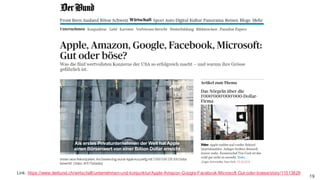 Das Konzept der Digitale Nachhaltigkeit
1928. Februar 2020 – Dr. Matthias Stürmer, Forschungsstelle Digitale Nachhaltigkeit
Link: https://www.derbund.ch/wirtschaft/unternehmen-und-konjunktur/Apple-Amazon-Google-Facebook-Microsoft-Gut-oder-boese/story/11513829
 