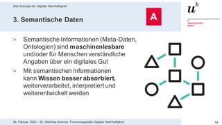Das Konzept der Digitale Nachhaltigkeit
5428. Februar 2020 – Dr. Matthias Stürmer, Forschungsstelle Digitale Nachhaltigkeit
3. Semantische Daten
> Semantische Informationen (Meta-Daten,
Ontologien) sind maschinenlesbare
und/oder für Menschen verständliche
Angaben über ein digitales Gut
> Mit semantischen Informationen
kann Wissen besser absorbiert,
weiterverarbeitet, interpretiert und
weiterentwickelt werden
A
 