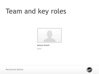 Team and key roles
Reclaimed Market
Melissa Powell
Owner
 