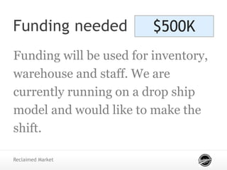 Funding needed
Reclaimed Market
Funding will be used for inventory,
warehouse and staff. We are
currently running on a drop ship
model and would like to make the
shift.
$500K
 