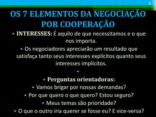 OS 7 ELEMENTOS DA NEGOCIAÇÃO
POR COOPERAÇÃO
• INTERESSES: É aquilo de que necessitamos e o que
nos importa.
• Os negociadores apreciarão um resultado que
satisfaça tanto seus interesses explícitos quanto seus
interesses implícitos.
•
• Perguntas orientadoras:
• Vamos brigar por nossas demandas?
• Por que quero o que quero? Estou seguro?
• Meus temas são prioridade?
• O que o outro iria querer se fosse eu? E vice-versa?
8
 