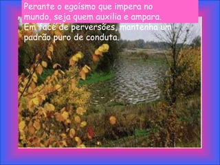 Perante o egoísmo que impera no
mundo, seja quem auxilia e ampara.
Em face de perversões, mantenha um
padrão puro de conduta.
 