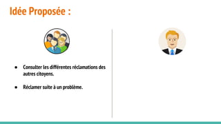 Idée Proposée :
● Consulter les différentes réclamations des
autres citoyens.
● Réclamer suite à un problème.
 