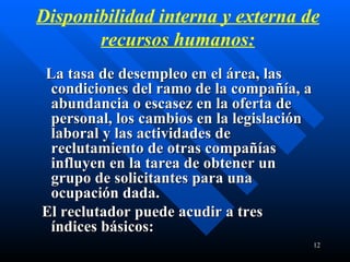    La tasa de desempleo en el área, las condiciones del ramo de la compañía, a abundancia o escasez en la oferta de personal, los cambios en la legislación laboral y las actividades de reclutamiento de otras compañías influyen en la tarea de obtener un grupo de solicitantes para una ocupación dada.  El reclutador puede acudir a tres índices básicos: Disponibilidad interna y externa de recursos humanos: 