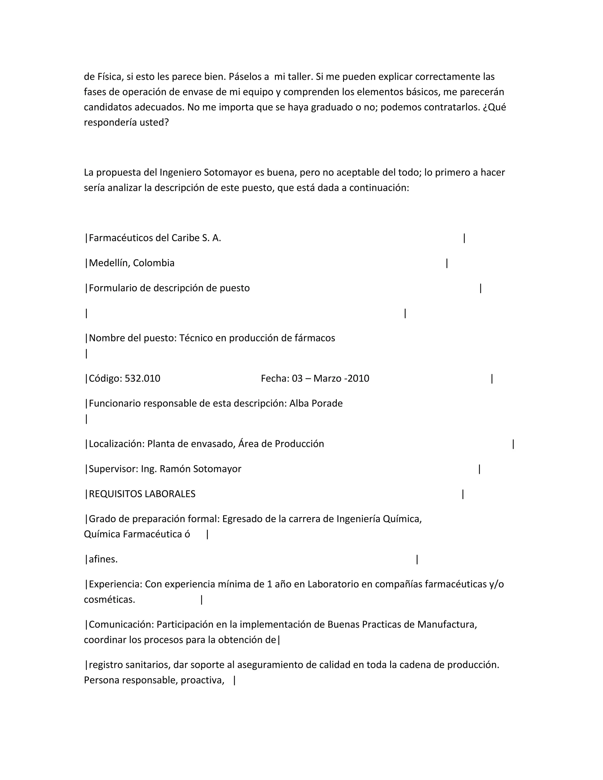 de Física, si esto les parece bien. Páselos a mi taller. Si me pueden explicar correctamente las
fases de operación de envase de mi equipo y comprenden los elementos básicos, me parecerán
candidatos adecuados. No me importa que se haya graduado o no; podemos contratarlos. ¿Qué
respondería usted?



La propuesta del Ingeniero Sotomayor es buena, pero no aceptable del todo; lo primero a hacer
sería analizar la descripción de este puesto, que está dada a continuación:



|Farmacéuticos del Caribe S. A.                                                      |

|Medellín, Colombia                                                              |

|Formulario de descripción de puesto                                                     |

|                                                                       |

|Nombre del puesto: Técnico en producción de fármacos
|

|Código: 532.010                        Fecha: 03 – Marzo -2010                              |

|Funcionario responsable de esta descripción: Alba Porade
|

|Localización: Planta de envasado, Área de Producción                                              |

|Supervisor: Ing. Ramón Sotomayor                                                        |

|REQUISITOS LABORALES                                                                |

|Grado de preparación formal: Egresado de la carrera de Ingeniería Química,
Química Farmacéutica ó |

|afines.                                                                    |

|Experiencia: Con experiencia mínima de 1 año en Laboratorio en compañías farmacéuticas y/o
cosméticas.              |

|Comunicación: Participación en la implementación de Buenas Practicas de Manufactura,
coordinar los procesos para la obtención de|

|registro sanitarios, dar soporte al aseguramiento de calidad en toda la cadena de producción.
Persona responsable, proactiva, |
 