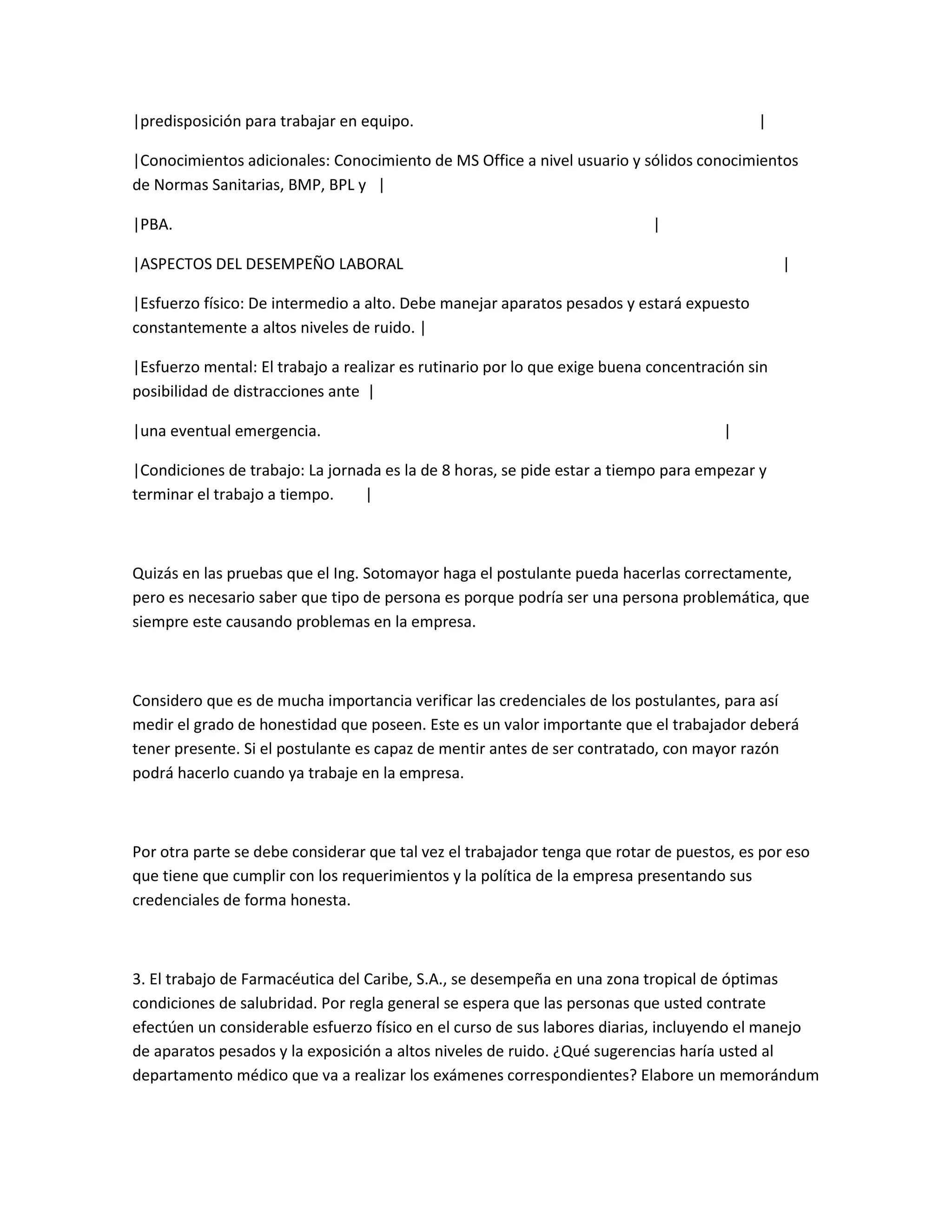 |predisposición para trabajar en equipo.                                                   |

|Conocimientos adicionales: Conocimiento de MS Office a nivel usuario y sólidos conocimientos
de Normas Sanitarias, BMP, BPL y |

|PBA.                                                                       |

|ASPECTOS DEL DESEMPEÑO LABORAL                                                                 |

|Esfuerzo físico: De intermedio a alto. Debe manejar aparatos pesados y estará expuesto
constantemente a altos niveles de ruido. |

|Esfuerzo mental: El trabajo a realizar es rutinario por lo que exige buena concentración sin
posibilidad de distracciones ante |

|una eventual emergencia.                                                             |

|Condiciones de trabajo: La jornada es la de 8 horas, se pide estar a tiempo para empezar y
terminar el trabajo a tiempo.    |



Quizás en las pruebas que el Ing. Sotomayor haga el postulante pueda hacerlas correctamente,
pero es necesario saber que tipo de persona es porque podría ser una persona problemática, que
siempre este causando problemas en la empresa.



Considero que es de mucha importancia verificar las credenciales de los postulantes, para así
medir el grado de honestidad que poseen. Este es un valor importante que el trabajador deberá
tener presente. Si el postulante es capaz de mentir antes de ser contratado, con mayor razón
podrá hacerlo cuando ya trabaje en la empresa.



Por otra parte se debe considerar que tal vez el trabajador tenga que rotar de puestos, es por eso
que tiene que cumplir con los requerimientos y la política de la empresa presentando sus
credenciales de forma honesta.



3. El trabajo de Farmacéutica del Caribe, S.A., se desempeña en una zona tropical de óptimas
condiciones de salubridad. Por regla general se espera que las personas que usted contrate
efectúen un considerable esfuerzo físico en el curso de sus labores diarias, incluyendo el manejo
de aparatos pesados y la exposición a altos niveles de ruido. ¿Qué sugerencias haría usted al
departamento médico que va a realizar los exámenes correspondientes? Elabore un memorándum
 