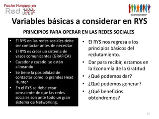 Variables básicas a considerar en RYS
         PRINCIPIOS PARA OPERAR EN LAS REDES SOCIALES
•    El RYS en las redes sociales debe   • El RYS nos regresa a los
     ser contactar antes de necesitar
                                           principios básicos del
•    El RYS es crear un sistema de
     vasos comunicantes (GRAFICA)          reclutamiento.
•    Cazador y cazado se están           • Dar para recibir, estamos en
     alineando                             la Economía de la Gratitud
•    Se tiene la posibilidad de
     contactar como lo grandes Head      • ¿Qué podemos dar?
     Hunter                              • ¿Qué podemos generar?
•    En el RYS se debe estar
     consciente de que las redes         • ¿Qué beneficios
     sociales son ante todo un gran        obtendremos?
     sistema de Networking.

                                                                      13
 