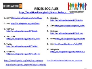REDES SOCIALES
                 http://es.wikipedia.org/wiki/Anexo:Redes_sociales

1. SKYPE http://es.wikipedia.org/wiki/Skype   7. LinkedIn
                                                 http://es.wikipedia.org/wiki/Linkedin
2. SMS http://es.wikipedia.org/wiki/SMS
                                              8. XING http://es.wikipedia.org/wiki/XING
3. GOOGLE
   http://es.wikipedia.org/wiki/Google        7. Delicious
                                                 http://es.wikipedia.org/wiki/Delicious
4. YOU TUBE
   http://es.wikipedia.org/wiki/You_tube      8. Flickr http://es.wikipedia.org/wiki/Flickr

5. Twitter                                    9. RSS http://es.wikipedia.org/wiki/RSS
   http://es.wikipedia.org/wiki/Twitter
                                              10. Wikipedia
6. Facebook                                       http://es.wikipedia.org/wiki/WIKIPEDIA
   http://es.wikipedia.org/wiki/Facebook


http://en.wikipedia.org/wiki/Recruitment      http://en.wikipedia.org/wiki/Internet_recruiting

 http://es.wikipedia.org/wiki/Reclutamiento
 