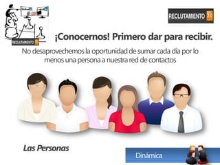 ¡Conocernos! Primero dar para recibir.
No desaprovechemos la oportunidad de sumar cada día por lo
       menos una persona a nuestra red de contactos




Las Personas
                                     Dinámica
 