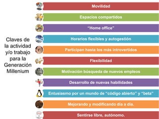 Movilidad

                              Espacios compartidos

                                  “Home office”


 Claves de                Horarios flexibles y autogestión
la actividad
                       Participan hasta los más introvertidos
 y/o trabajo
   para la                          Flexibilidad
Generación
 Millenium           Motivación búsqueda de nuevos empleos

                         Desarrollo de nuevas habilidades

               Entusiasmo por un mundo de “código abierto” y “beta”

                        Mejorando y modificando día a día.

                             Sentirse libre, autónomo.
 