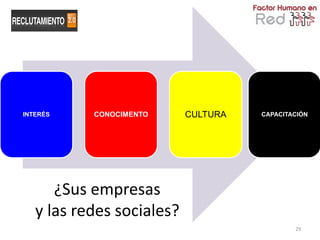 INTERÉS    CONOCIMENTO     CULTURA   CAPACITACIÓN




      ¿Sus empresas
   y las redes sociales?
                                             29
 