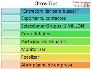 Otros Tips
“Entrecomillar para buscar”
Exportar tu contactos
Seleccionar Grupos (1 MILLON)
Crear debates
Participar en Debates
Monitorizar
Focalizar
Abrir página de empresa
 