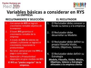 Variables básicas a considerar en RYS
      LA EMPRESA
RECLUTAMIENTO Y SELECCIÓN                          EL RECLUTADOR
1.    Con apoyo de RYS se logrará          1. El Reclutador debe conocer a
      crecimiento rentable objetivo de        fondo su tarea y a la empresa
      la empresa
2.    El buen RYS garantiza el             2. El Reclutador debe
      crecimiento rentable de la              desarrollar su Modelo.
      empresa
3.    A través de RYS de talento de
      calidad y suficiente se logrará el   3. El Reclutador debe definir su
      crecimiento mejorando la                propia Filosofía Visión,
      productividad                           Misión, Objetivos, Valores.
4.    No tener personal por mal RYS se
      paga a corto plazo                   4. El Reclutador debe definir su
5.    Retención y Productividad               Estrategia
      dependen en gran medida del RYS       Modelo, Filosofía, Visión, Misión,
     El RYS es “piedra angular” de la        Objetivos, Valores y Estrategia
                 empresa.                    alineados a la empresa cliente      7
 