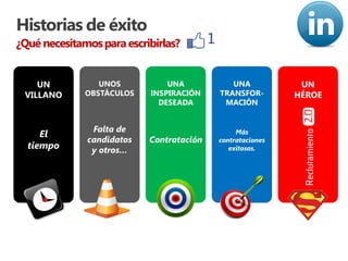 Historias de éxito
¿Qué necesitamos para escribirlas?


    UN           UNOS          UNA           UNA            UN
 VILLANO      OBSTÁCULOS   INSPIRACIÓN    TRANSFOR-        HÉROE
                             DESEADA       MACIÓN


               Falta de
     El                                        Más
              candidatos   Contratación   contrataciones
  tiempo       y otros…                      exitosas.
 