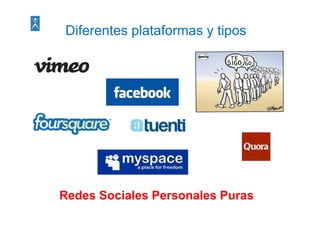 Diferentes plataformas y tipos
           p               p




Redes Sociales Personales Puras
 