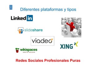 Diferentes plataformas y tipos
             p               p




Redes Sociales Profesionales Puras
 