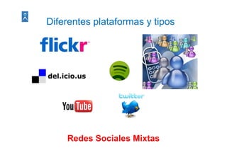 Diferentes plataformas y tipos
           p               p




    Redes Sociales Mixtas
 