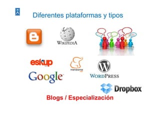 Diferentes plataformas y tipos
           p               p




    Blogs / Especialización
 