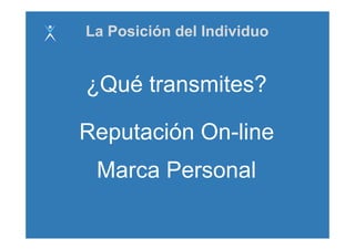 La Posición del Individuo


¿Qué transmites?

Reputación O li
R   t ió On-line
 Marca Personal
 