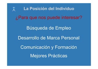 La Posición del Individuo

¿Para que nos puede interesar?

    Búsqueda d E l
    Bú    d de Empleo

 Desarrollo de Marca Personal

  Comunicación y Formación
      Mejores Prácticas
        j
 
