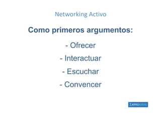 Networking Activo

Como primeros argumentos:

         - Ofrecer
       - Interactuar
        -E
         Escuchar
              h
       -C
        Convencer
 