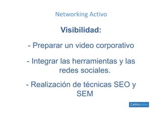 Networking Activo

          Visibilidad:

- Preparar un video corporativo

- Integrar las herramientas y las
           redes sociales
                 sociales.
- R li
  Realización d té i
          ió de técnicas SEO y
               SEM
 
