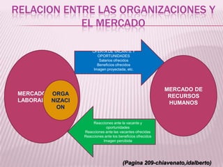 RELACION ENTRE LAS ORGANIZACIONES Y
EL MERCADO
MERCADO
LABORAL
ORGA
NIZACI
ON
MERCADO DE
RECURSOS
HUMANOS
OFERTA DE VACANTE Y
OPORTUNIDADES
Salarios ofrecidos
Beneficios ofrecidos
Imagen proyectada, etc.
Reacciones ante la vacante y
oportunidades
Reacciones ante las vacantes ofrecidas
Reacciones ante los beneficios ofrecidos
Imagen percibida
(Pagina 209-chiavenato,idalberto)
 