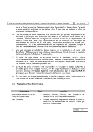 Manual de Procedimientos para el Reclutamiento, Selección y Prestación de Servicio Social y Prácticas Profesionales       08 / marzo / 02


             turnar al Departamento de Relaciones Laborales, Capacitación y Desarrollo de Personal,
             la documentación solicitada en la política núm. 7 para que se elabore el oficio de
             aceptación correspondiente.
     10.     Los estudiantes de nivel profesional que reciban beca (o que sea requisitada de su
             escuela), y que hayan sido aceptados para realizar su Servicios Social dentro de la
             Comisión, deberán efectuar su registro de Servicio Social en el Departamento de
             Servicio Social del GEM, cuya representación en el Municipio de Naucalpan se
             encuentra en Av. Mexicas No. 63, Col. Santa Cruz Acatlán, Naucalpan de Juárez, Méx.,
             con teléfono 53 60 34 66, exhibiendo la carta de aceptación del Organismo, dirigida al
             Jefe del Departamento de Servicio Social del Gobierno del Estado de México.
     11.     Una vez aceptado el estudiante, deberá regirse por lo señalado en el punto VIII.
             Beneficios y Obligaciones; el cual establece los puntos que deberá observar el prestador
             de Servicio Social y/o Prácticas Profesionales.
     12.     El titular del área donde se encuentra adscrito el prestador, deberá notificar
             oportunamente al Departamento de Relaciones Laborales, Capacitación y Desarrollo de
             Personal ó a la Unidad de Apoyo Administrativo, sobre bajas, deserciones, suspensión
             del servicio, cambio de horario y/o fecha, etc.
     13.     El titular del área solicitante será responsable de canalizar el trabajo suficiente al
             prestador para evitar tiempos muertos, sin descargar totalmente su trabajo en este;
             asimismo dichas actividades deberán estar relacionadas con la especialidad del
             prestador, y no deberán implicar la realización de favores especiales.
     14.     En caso de no ser aceptada por el área a la que fue propuesto, podrá canalizarse a otra,
             o en su caso se le hará saber que no será aceptado en el Organismo


     V.2.      Procedimiento Administrativo


                    Responsable                         Núm.                                      Actividad

     Aspirante de Servicio Social y/o                      1      Requisita formato “Solicitud para Prestación                     de
     Prácticas Profesionales                                      Servicio Social y/o Prácticas Profesionales”.
     Área Solicitante                                      2      Solicita prestadores requisitando formato “Cédula de
                                                                  Detección de Necesidades de Servicio Social y/o
                                                                  Prácticas Profesionales”.


                                                                                                                      PAGINA     11
 