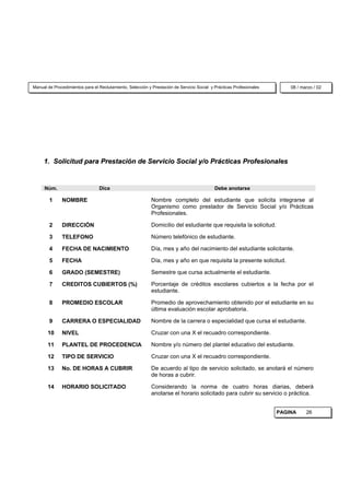 Manual de Procedimientos para el Reclutamiento, Selección y Prestación de Servicio Social y Prácticas Profesionales       08 / marzo / 02




     1. Solicitud para Prestación de Servicio Social y/o Prácticas Profesionales


     Núm.                        Dice                                                       Debe anotarse

        1     NOMBRE                                        Nombre completo del estudiante que solicita integrarse al
                                                            Organismo como prestador de Servicio Social y/o Prácticas
                                                            Profesionales.

        2     DIRECCIÓN                                     Domicilio del estudiante que requisita la solicitud.

        3     TELEFONO                                      Número telefónico de estudiante.

        4     FECHA DE NACIMIENTO                           Día, mes y año del nacimiento del estudiante solicitante.

        5     FECHA                                         Día, mes y año en que requisita la presente solicitud.

        6     GRADO (SEMESTRE)                              Semestre que cursa actualmente el estudiante.

        7     CREDITOS CUBIERTOS (%)                        Porcentaje de créditos escolares cubiertos a la fecha por el
                                                            estudiante.

        8     PROMEDIO ESCOLAR                              Promedio de aprovechamiento obtenido por el estudiante en su
                                                            última evaluación escolar aprobatoria.

        9     CARRERA O ESPECIALIDAD                        Nombre de la carrera o especialidad que cursa el estudiante.

       10     NIVEL                                         Cruzar con una X el recuadro correspondiente.

       11     PLANTEL DE PROCEDENCIA                        Nombre y/o número del plantel educativo del estudiante.

       12     TIPO DE SERVICIO                              Cruzar con una X el recuadro correspondiente.

       13     No. DE HORAS A CUBRIR                         De acuerdo al tipo de servicio solicitado, se anotará el número
                                                            de horas a cubrir.

       14     HORARIO SOLICITADO                            Considerando la norma de cuatro horas diarias, deberá
                                                            anotarse el horario solicitado para cubrir su servicio o práctica.


                                                                                                                      PAGINA     26
 