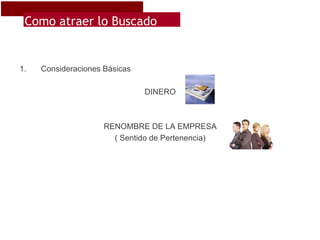 Como atraer lo Buscado


1.   Consideraciones Básicas

                               DINERO



                     RENOMBRE DE LA EMPRESA
                       ( Sentido de Pertenencia)
 