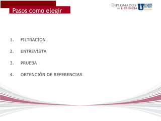 Diplomados
                                       Gerencia
 Pasos como elegir
                                  en




1.   FILTRACION

2.   ENTREVISTA

3.   PRUEBA

4.   OBTENCIÓN DE REFERENCIAS
 