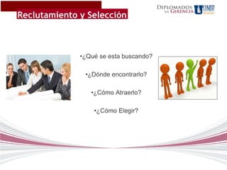 Diplomados
                                               Gerencia
Reclutamiento y Selección
                                          en




              •¿Qué se esta buscando?

               •¿Dónde encontrarlo?

                 •¿Cómo Atraerlo?

                  •¿Cómo Elegir?
 
