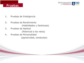 Diplomados
                                                  Gerencia
 Pruebas
                                             en




1.   Pruebas de Inteligencia

2.   Pruebas de Rendimiento
               (Habilidades y Destrezas)
3.   Pruebas de Aptitud
               (Potencial a los retos)
4.   Pruebas de Personalidad
              (agresividad, conductas)
 