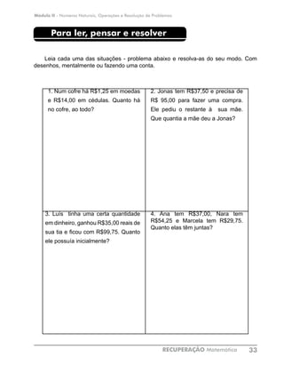 Módulo II - Números Naturais, Operações e Resolução de Problemas
RECUPERAÇÃO Matemática 33
	 Para ler, pensar e resolver
Leia cada uma das situações - problema abaixo e resolva-as do seu modo. Com
desenhos, mentalmente ou fazendo uma conta.
1. Num cofre há R$1,25 em moedas
e R$14,00 em cédulas. Quanto há
no cofre, ao todo?
2. Jonas tem R$37,50 e precisa de
R$ 95,00 para fazer uma compra.
Ele pediu o restante à sua mãe.
Que quantia a mãe deu a Jonas?
3. Luís tinha uma certa quantidade
em dinheiro, ganhou R$35,00 reais de
sua tia e ficou com R$99,75. Quanto
ele possuía inicialmente?
4. Ana tem R$37,00, Nara tem
R$54,25 e Marcela tem R$29,75.
Quanto elas têm juntas?
 