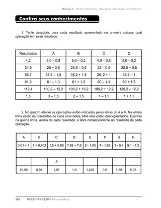 RECUPERAÇÃO Matemática44
Módulo II - Números Racionais, Operações e Resolução de Problemas
Confira seus conhecimentos
1. Tente descobrir, para cada resultado apresentado na primeira coluna, qual
operação tem esse resultado:
Resultados A B C D
4,2 5,0 – 0,8 5,0 – 0,2 4,0 – 0,8 4,0 – 0,2
24,5 25 + 0,5 25,5 – 0,5 25 – 0,5 25,5 + 0,5
36,7 35,2 – 1,5 35,2 + 1,5 35, 2 + 1 35,2 – 1
61,3 61 – 1,3 61 + 1,3 60 – 1,3 60 + 1,3
112,4 100,2 – 12,2 100,2 + 10,2 100,2 + 12,2 120,2 – 12,2
1,5 3 – 1,5 2 – 1,5 1 – 1,5 1 + 1,5
2. No quadro abaixo as operações estão indicadas pelas letras de A a H. Na última
linha estão os resultados de cada uma delas. Mas eles estão desorganizados. Escreva
na quarta linha, acima de cada resultado, a letra correspondente ao resultado de cada
operação.
A B C D E F G H
0,01 + 1 1 + 0,402 1,5 + 0,08 7,98 + 7,6 2 - 1,03 7 - 1,95 1 - 0,4 9,1 - 7,5
A
15,58 0,97 1,01 1,6 1,402 0,6 1,58 5,05
 