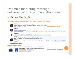Optimize marketing message
delivered with recommendation result
  It's   How You Say It




                           Screenshots from Amazon.com
 