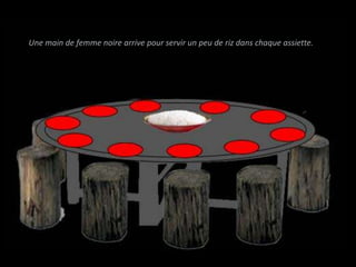 Une main de femme noire arrive pour servir un peu de riz dans chaque assiette.
 