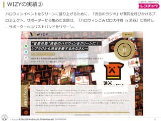 © RecoChoku Co.,Ltd. Proprietary and Confidential
WIZYの実績②
© RecoChoku Co.,Ltd. Proprietary and Confidential 11
ハロウィンイベントをクリーンに盛り上げるために、「渋谷のラジオ」が賛同を呼びかけるプ
ロジェクト。サポーターから集めた金額は、『ハロウィンごみゼロ大作戦 in 渋谷』に寄付し
、サポーターへはリストバンドをリターン。
 