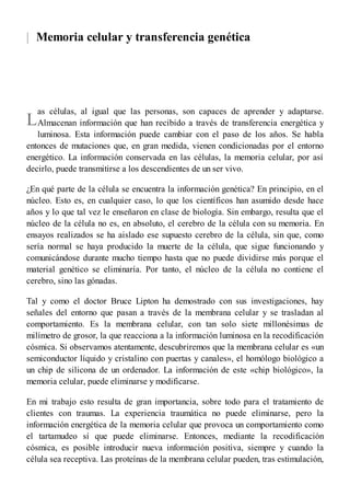 |
L
Memoria celular y transferencia genética
as células, al igual que las personas, son capaces de aprender y adaptarse.
Almacenan información que han recibido a través de transferencia energética y
luminosa. Esta información puede cambiar con el paso de los años. Se habla
entonces de mutaciones que, en gran medida, vienen condicionadas por el entorno
energético. La información conservada en las células, la memoria celular, por así
decirlo, puede transmitirse a los descendientes de un ser vivo.
¿En qué parte de la célula se encuentra la información genética? En principio, en el
núcleo. Esto es, en cualquier caso, lo que los científicos han asumido desde hace
años y lo que tal vez le enseñaron en clase de biología. Sin embargo, resulta que el
núcleo de la célula no es, en absoluto, el cerebro de la célula con su memoria. En
ensayos realizados se ha aislado ese supuesto cerebro de la célula, sin que, como
sería normal se haya producido la muerte de la célula, que sigue funcionando y
comunicándose durante mucho tiempo hasta que no puede dividirse más porque el
material genético se eliminaría. Por tanto, el núcleo de la célula no contiene el
cerebro, sino las gónadas.
Tal y como el doctor Bruce Lipton ha demostrado con sus investigaciones, hay
señales del entorno que pasan a través de la membrana celular y se trasladan al
comportamiento. Es la membrana celular, con tan solo siete millonésimas de
milímetro de grosor, la que reacciona a la información luminosa en la recodificación
cósmica. Si observamos atentamente, descubriremos que la membrana celular es «un
semiconductor líquido y cristalino con puertas y canales», el homólogo biológico a
un chip de silicona de un ordenador. La información de este «chip biológico», la
memoria celular, puede eliminarse y modificarse.
En mi trabajo esto resulta de gran importancia, sobre todo para el tratamiento de
clientes con traumas. La experiencia traumática no puede eliminarse, pero la
información energética de la memoria celular que provoca un comportamiento como
el tartamudeo sí que puede eliminarse. Entonces, mediante la recodificación
cósmica, es posible introducir nueva información positiva, siempre y cuando la
célula sea receptiva. Las proteínas de la membrana celular pueden, tras estimulación,
 