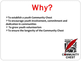Why?
To establish a youth Community Chest
To encourage youth involvement, commitment and
dedication in communities
 To grow youth volunteerism
To ensure the longevity of the Community Chest
 