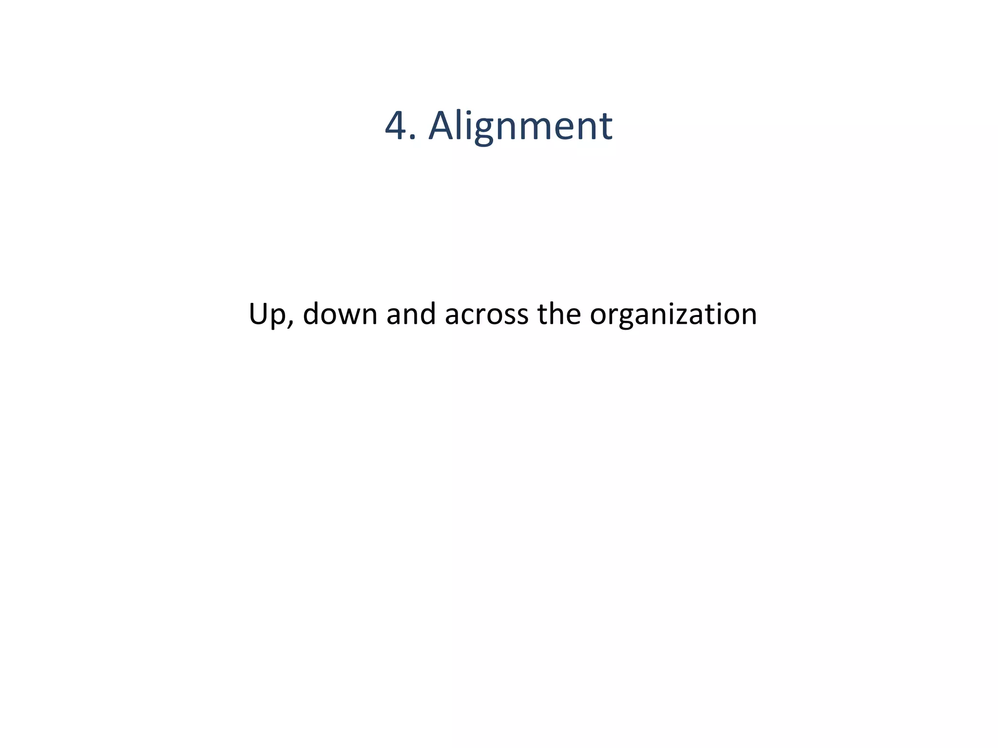 4. Alignment

Up, down and across the organization

15

THE THEORY & PRACTICE OF CHANGE MANAGEMENT 3rd Edition, John Hayes, Palgrave, 2010

 