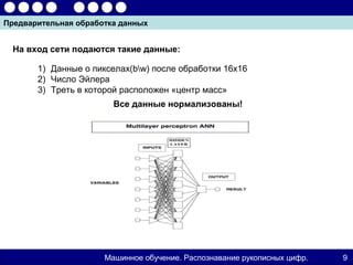 Предварительная обработка данных


  На вход сети подаются такие данные:

       1) Данные о пикселах(bw) после обработки 16х16
       2) Число Эйлера
       3) Треть в которой расположен «центр масс»
                        Все данные нормализованы!




                      Машинное обучение. Распознавание рукописных цифр.   9
 