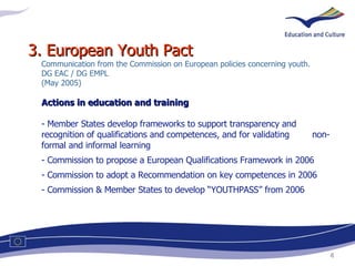 <ul><li>3. European Youth Pact   Communication from the Commission on European policies concerning youth.  DG EAC / DG EMP...