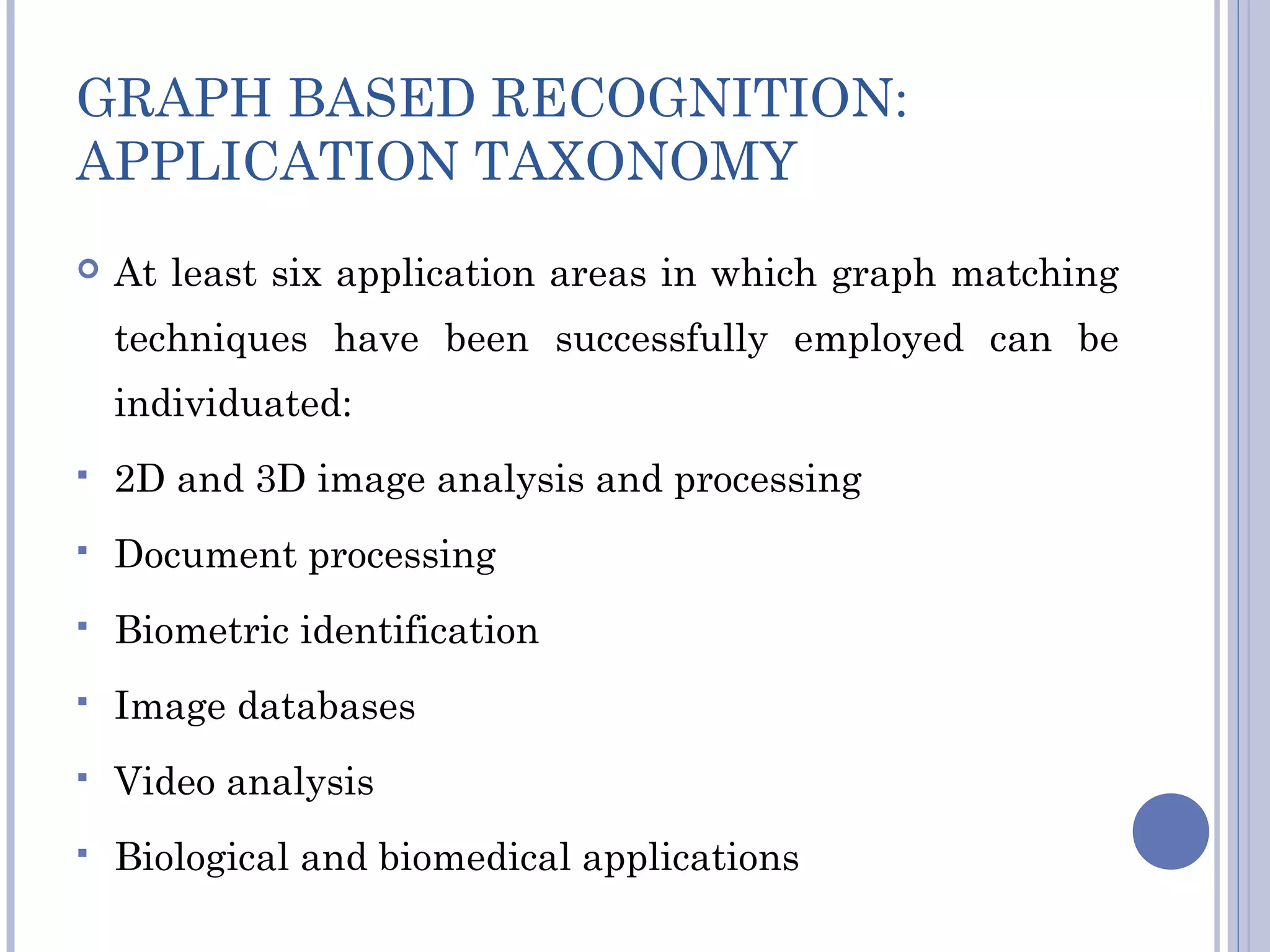 GRAPH BASED RECOGNITION:
APPLICATION TAXONOMY
 At least six application areas in which graph matching
techniques have been successfully employed can be
individuated:
 2D and 3D image analysis and processing
 Document processing
 Biometric identification
 Image databases
 Video analysis
 Biological and biomedical applications
 